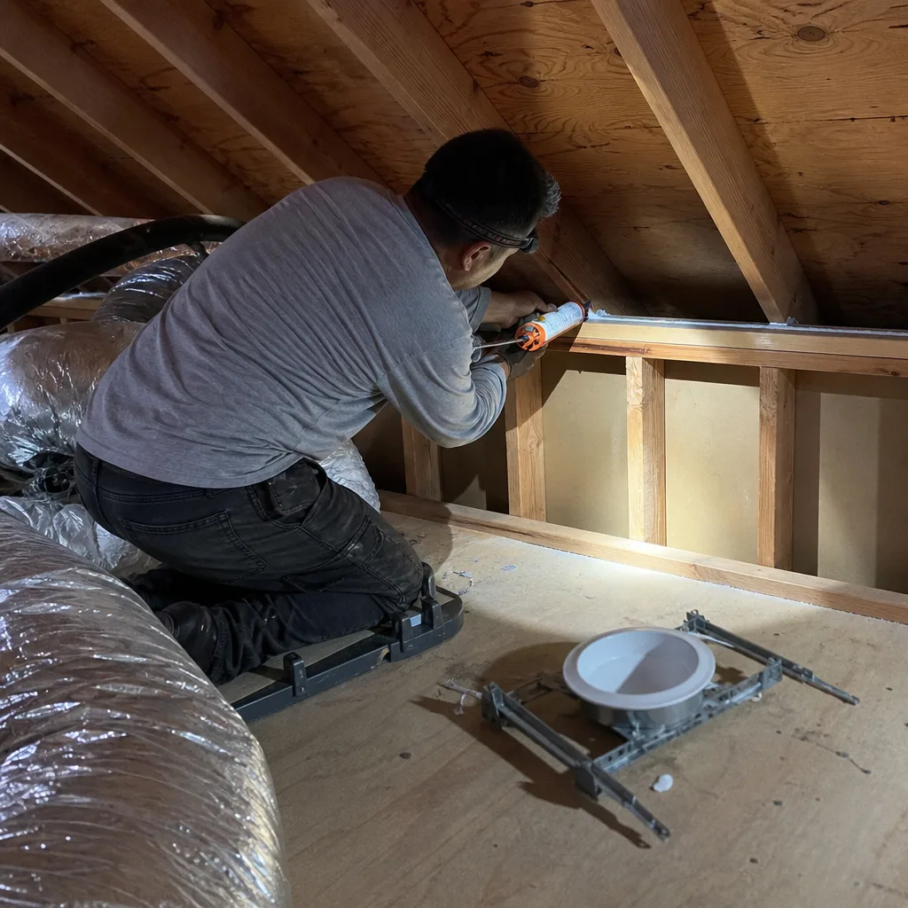 Contractor performing professional attic air sealing to improve home energy efficiency in Carson, CA