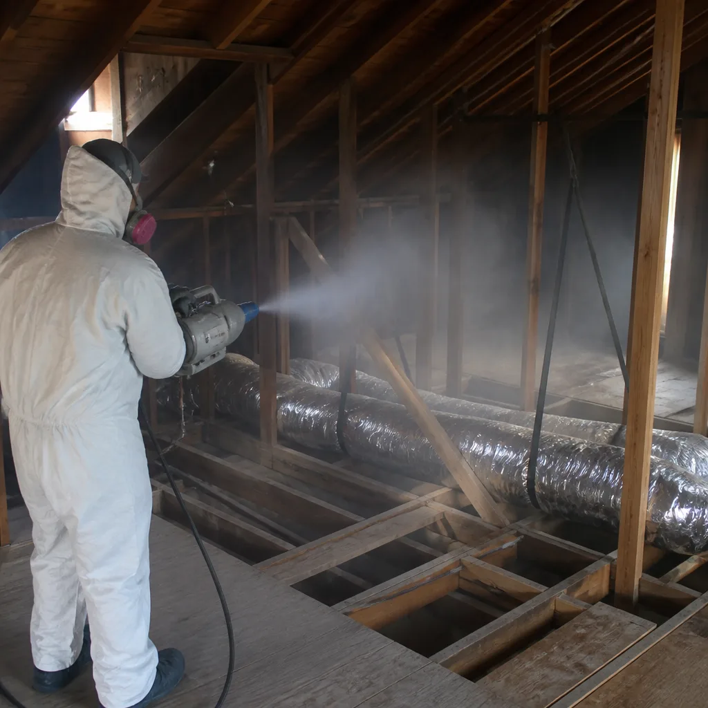 Professional in protective suit performing attic cleaning and rodent proofing service in Paramount, CA