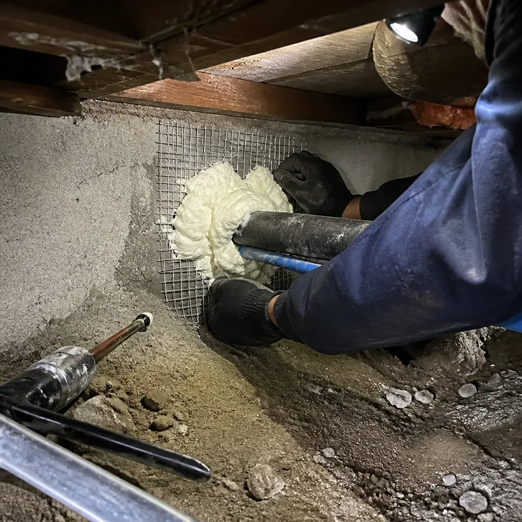 Technician sealing pipe gap with foam and mesh for rodent proofing in Gardena, CA