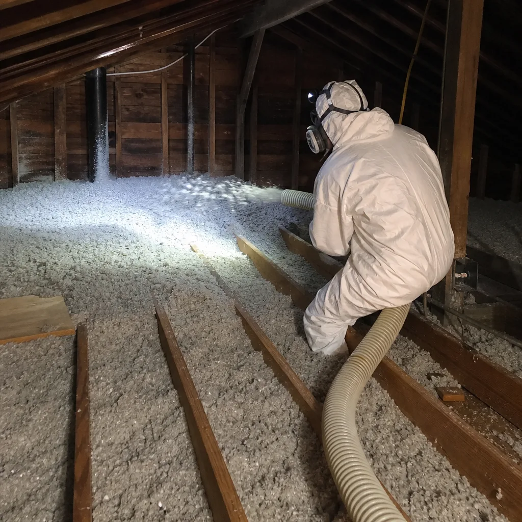 Professional blowing cellulose insulation into an attic for home energy efficiency