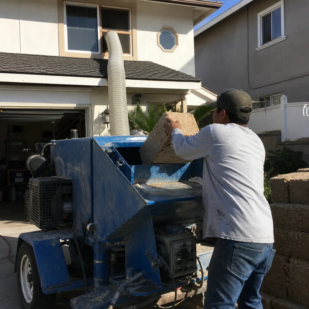 Professional contractor using a blown-in insulation machine for attic installation.