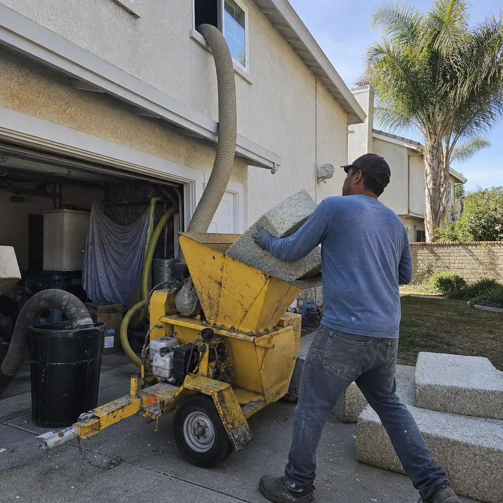 Contractor using a professional insulation removal machine for blown-in attic insulation