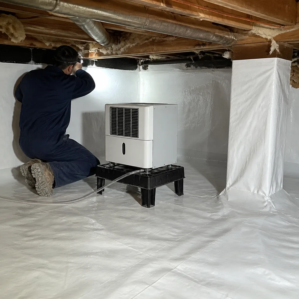 Technician performing professional crawl space encapsulation with vapor barrier and dehumidifier. in Paramount, CA