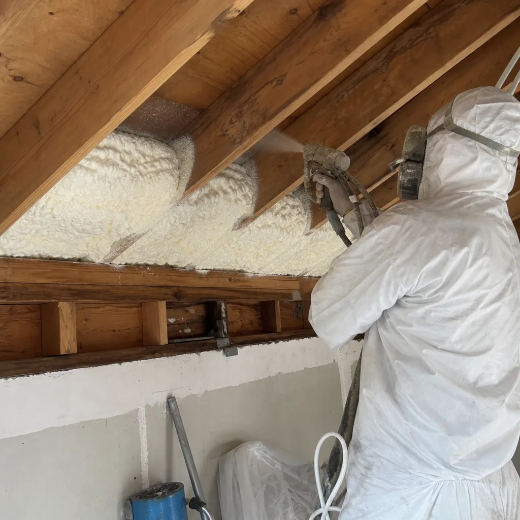 Professional applying spray foam insulation to attic roof joists