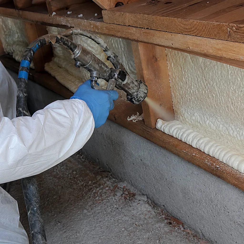 Professional applying spray foam insulation to wooden wall framing.