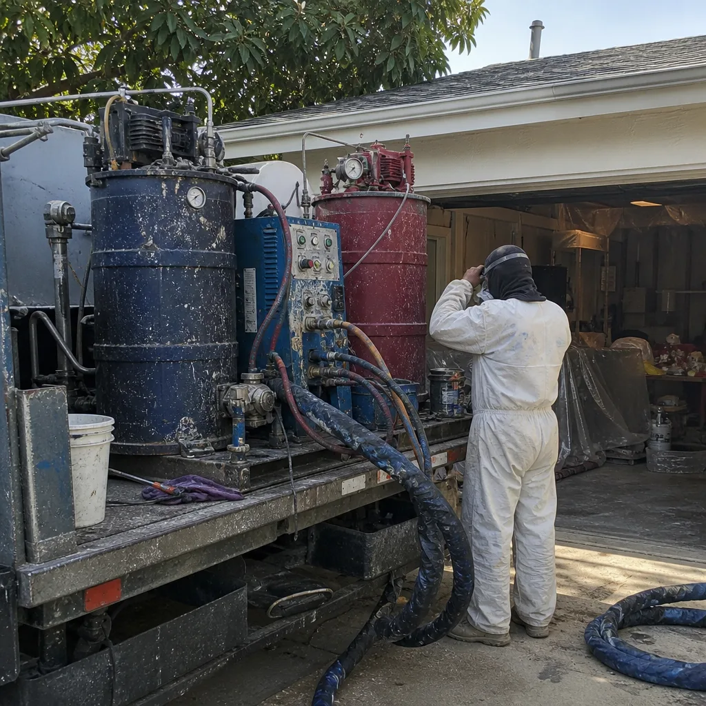 Technician using professional industrial spray foam insulation equipment.