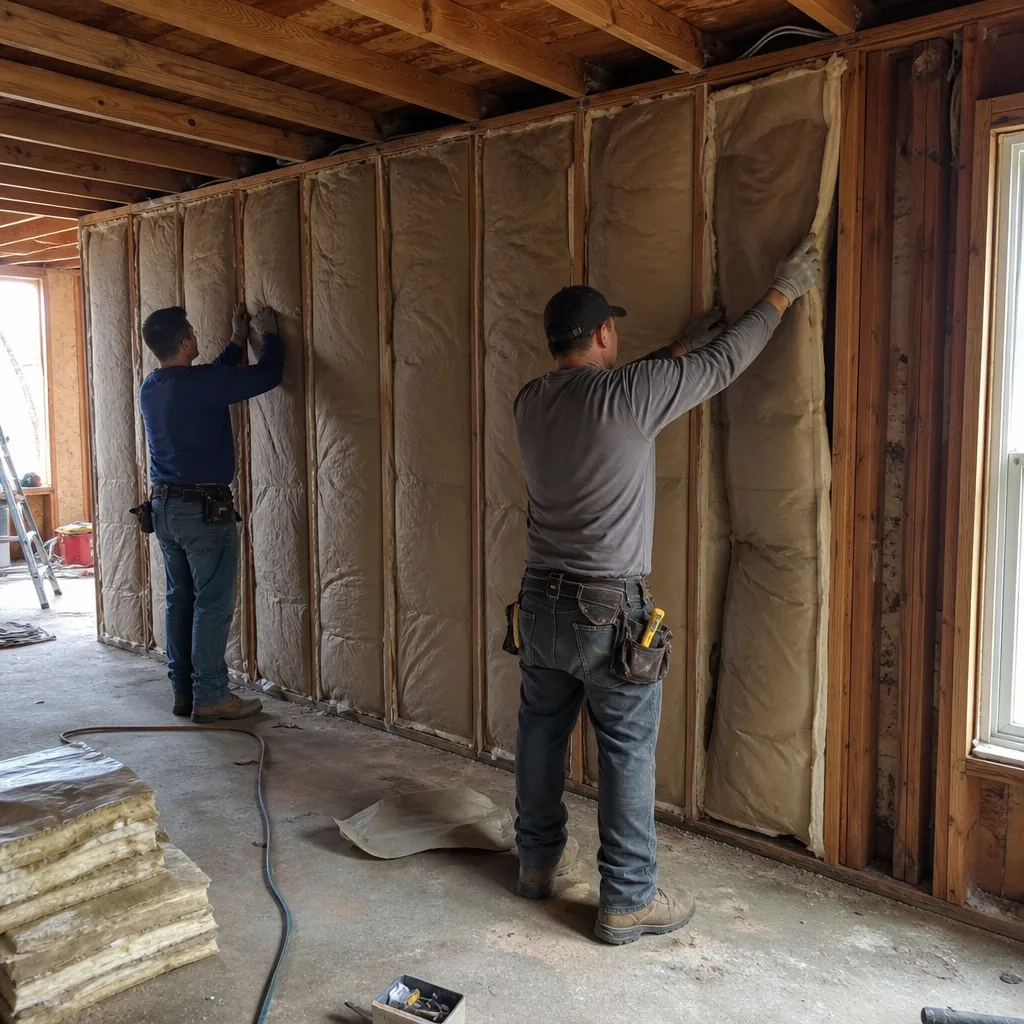 Two construction workers installing professional wall insulation in a home renovation project in Santa Fe Springs, CA